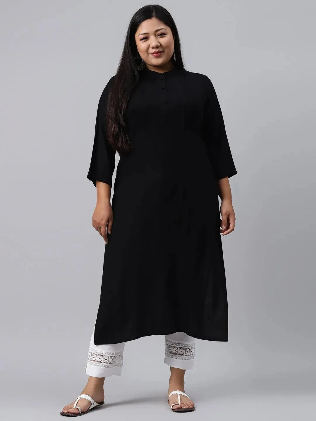 Plus Size Black Solid Rayon Kurta - Libas 