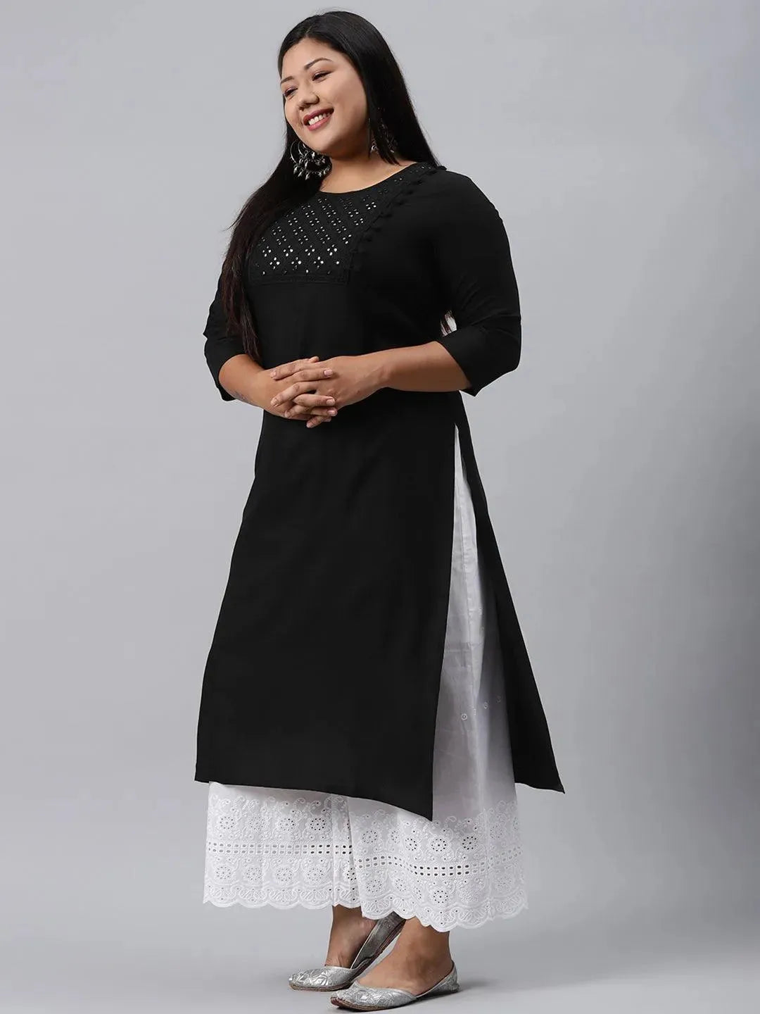 Plus Size Black Solid Rayon Kurta - Libas