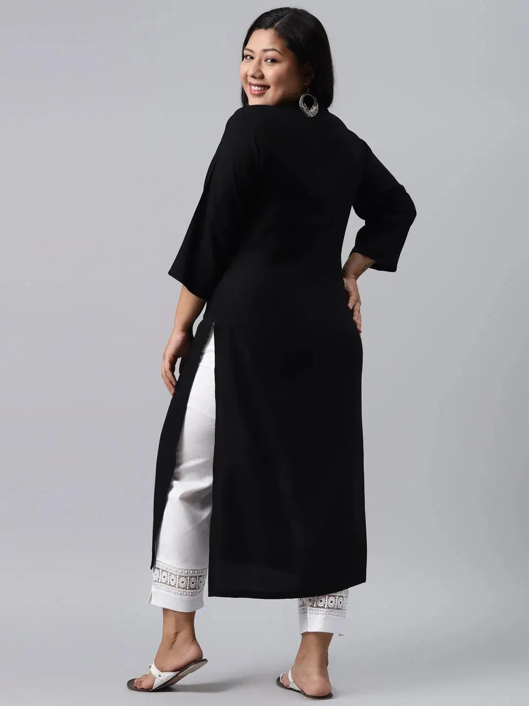 Plus Size Black Solid Rayon Kurta - Libas