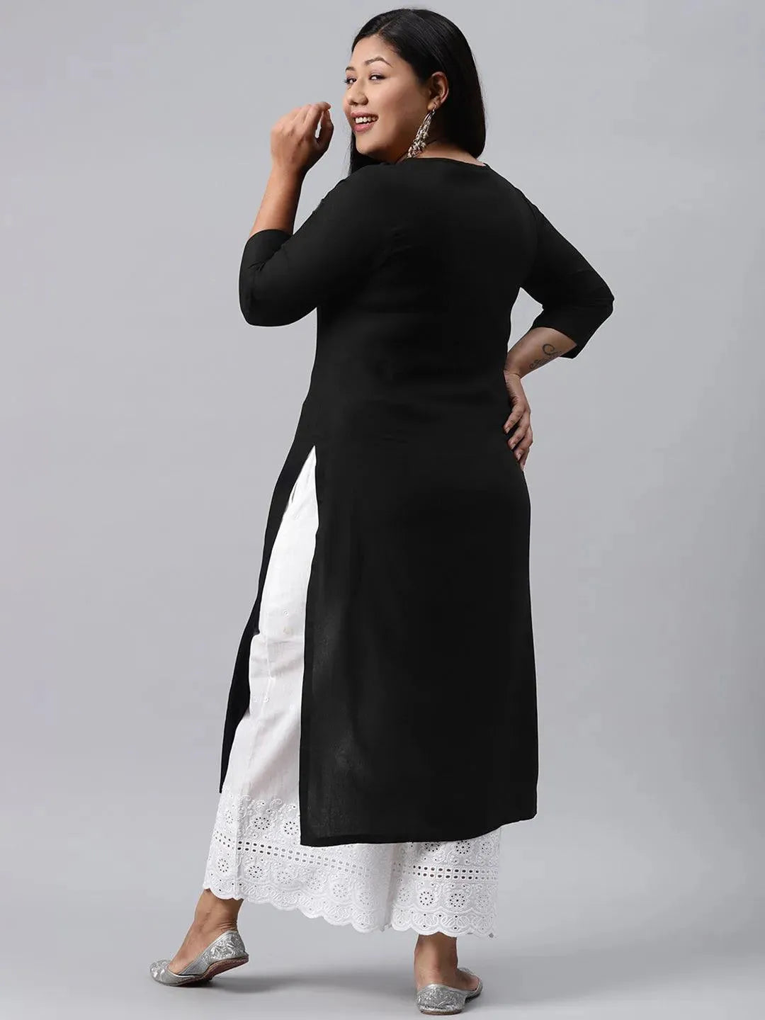 Plus Size Black Solid Rayon Kurta - Libas