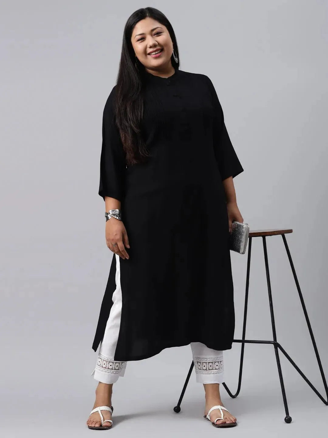 Plus Size Black Solid Rayon Kurta - Libas