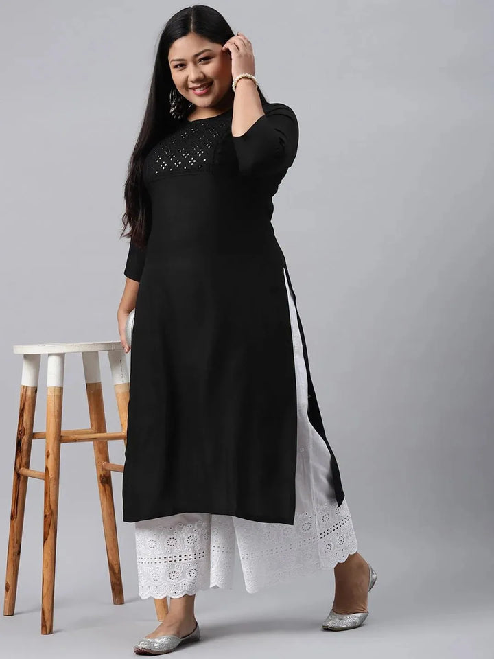 Plus Size Black Solid Rayon Kurta - Libas