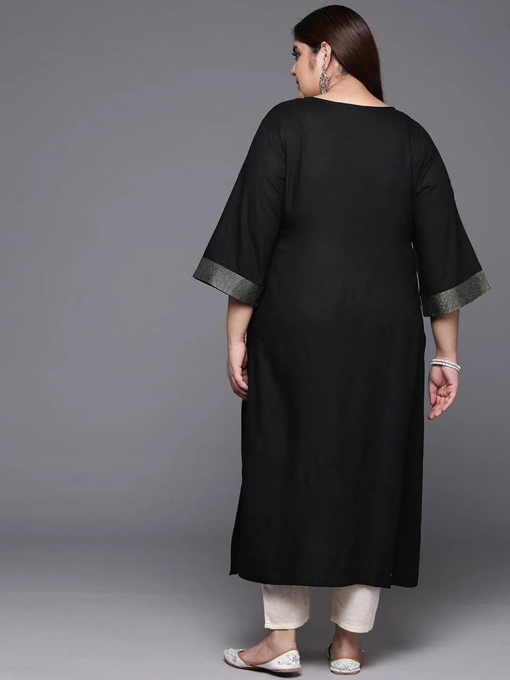 Plus Size Black Solid Rayon Straight Kurta - Libas