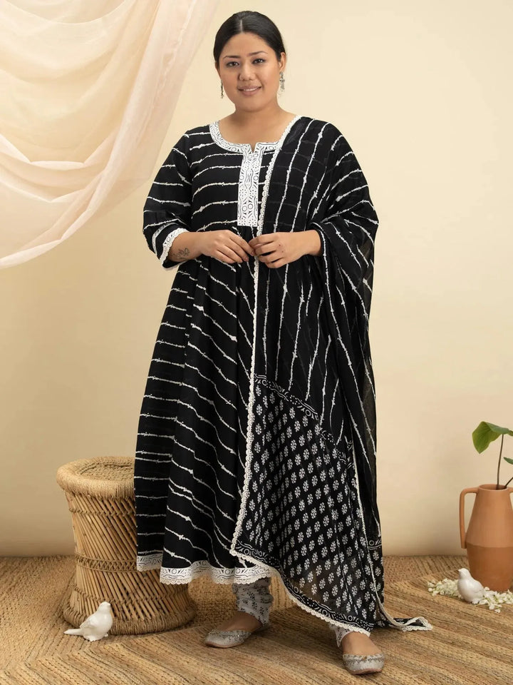 Plus Size Black Striped Cotton Suit Set - Libas