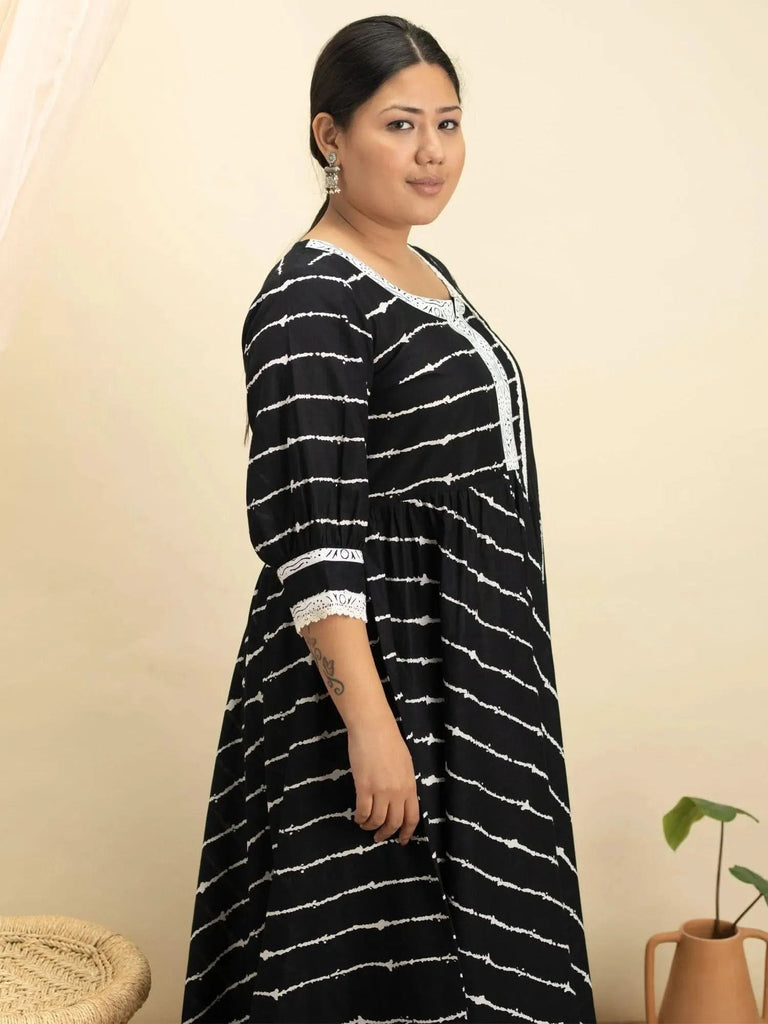 Buy Plus Size Black Striped Cotton Anarkali Kurta With Churidar