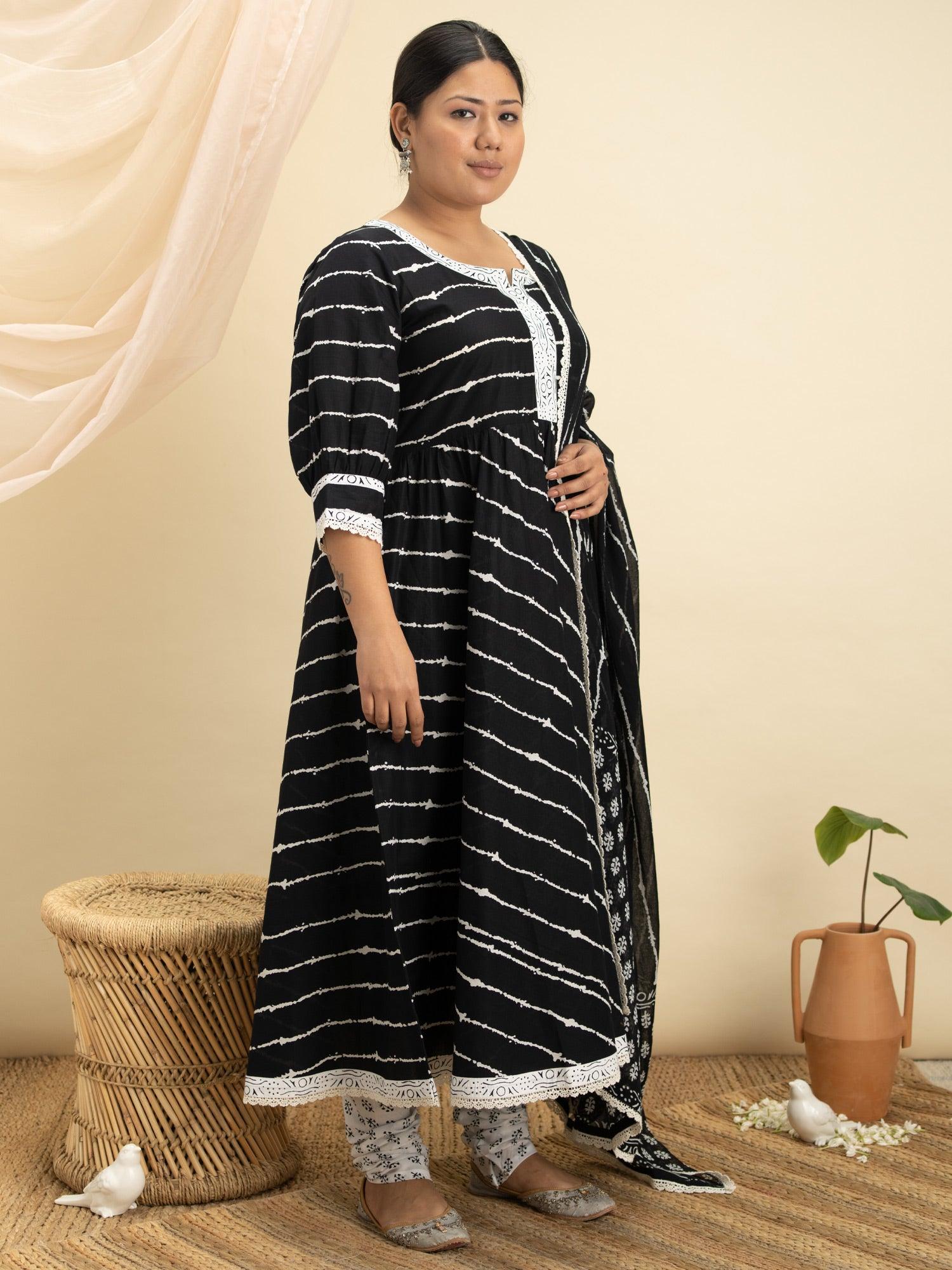 Plus Size Black Striped Cotton Anarkali Kurta With Churidar & Dupatta