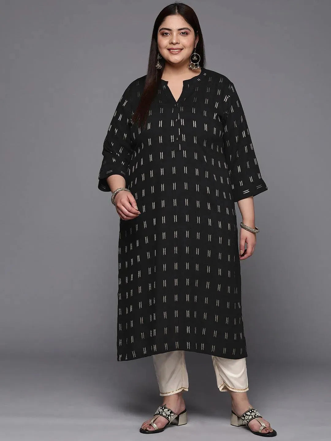 Plus Size Black Woven Design Rayon Straight Kurta - Libas