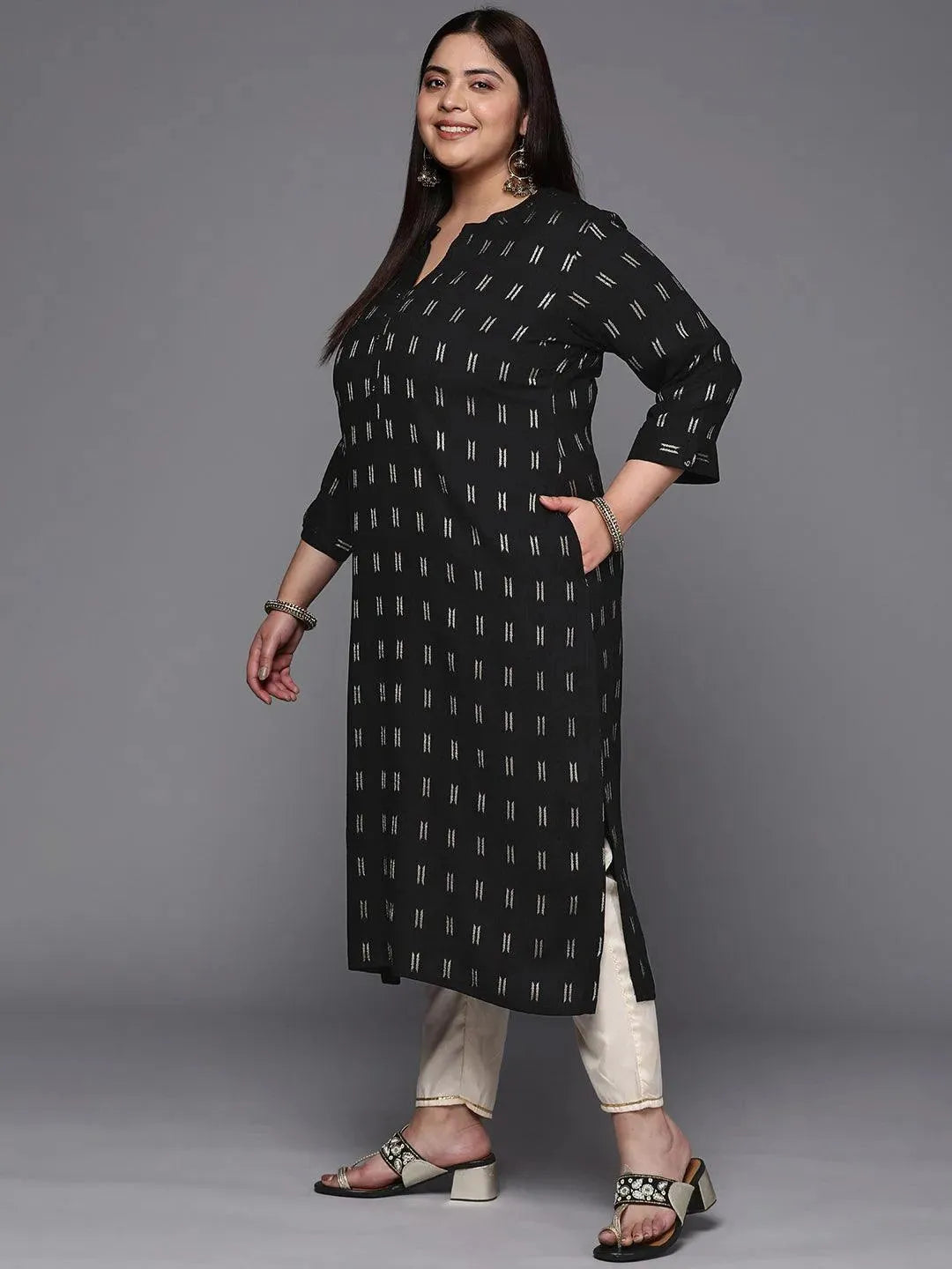 Plus Size Black Woven Design Rayon Straight Kurta - Libas