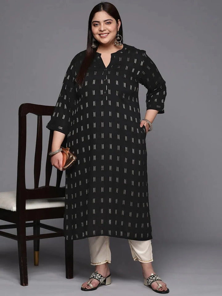 Plus Size Black Woven Design Rayon Straight Kurta - Libas