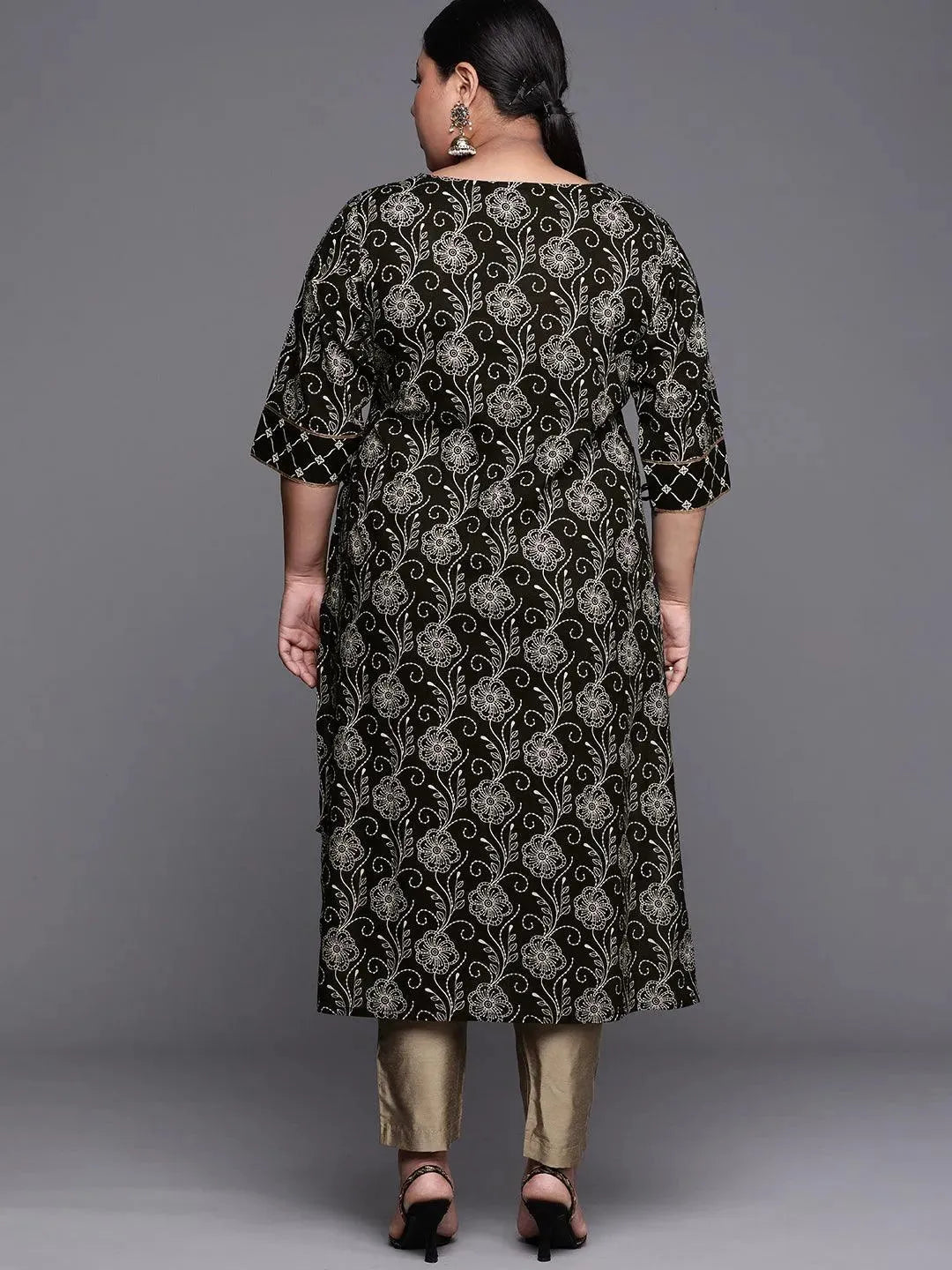 Plus Size Black Yoke Design Cotton Kurta - Libas