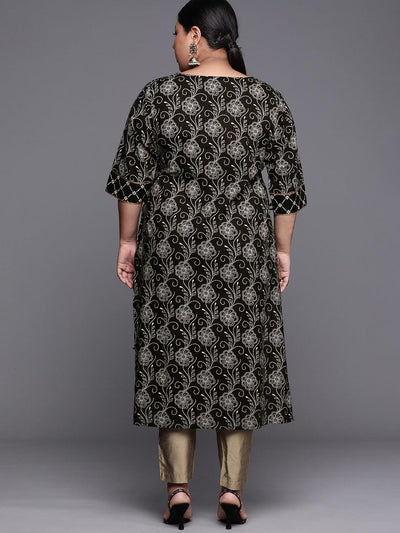 Plus Size Black Yoke Design Cotton Kurta - Libas