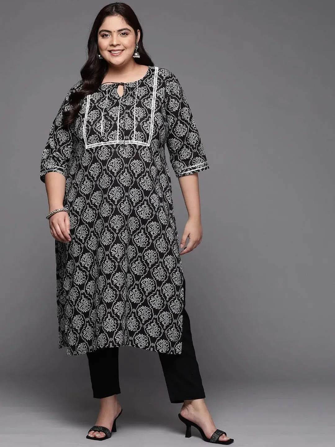 Plus Size Black Yoke Design Cotton Straight Kurta - Libas