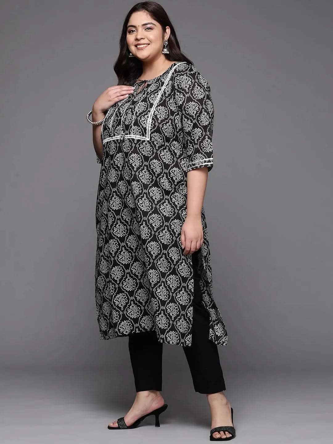 Plus Size Black Yoke Design Cotton Straight Kurta - Libas 
