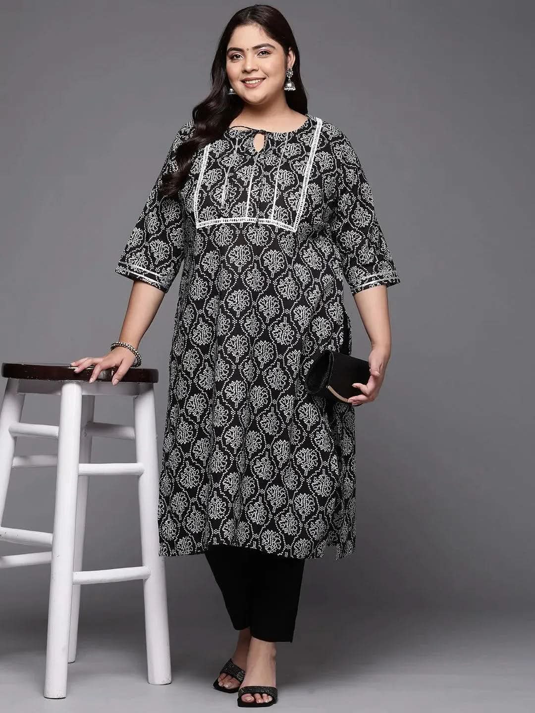 Plus Size Black Yoke Design Cotton Straight Kurta - Libas 