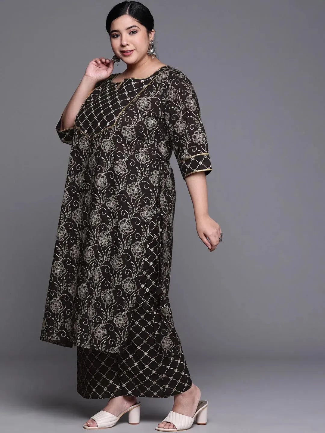 Plus Size Black Yoke Design Cotton Suit Set - Libas