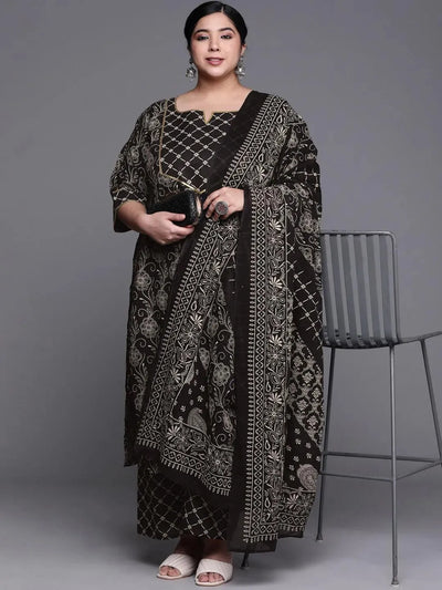 Plus Size Black Yoke Design Cotton Suit Set - Libas