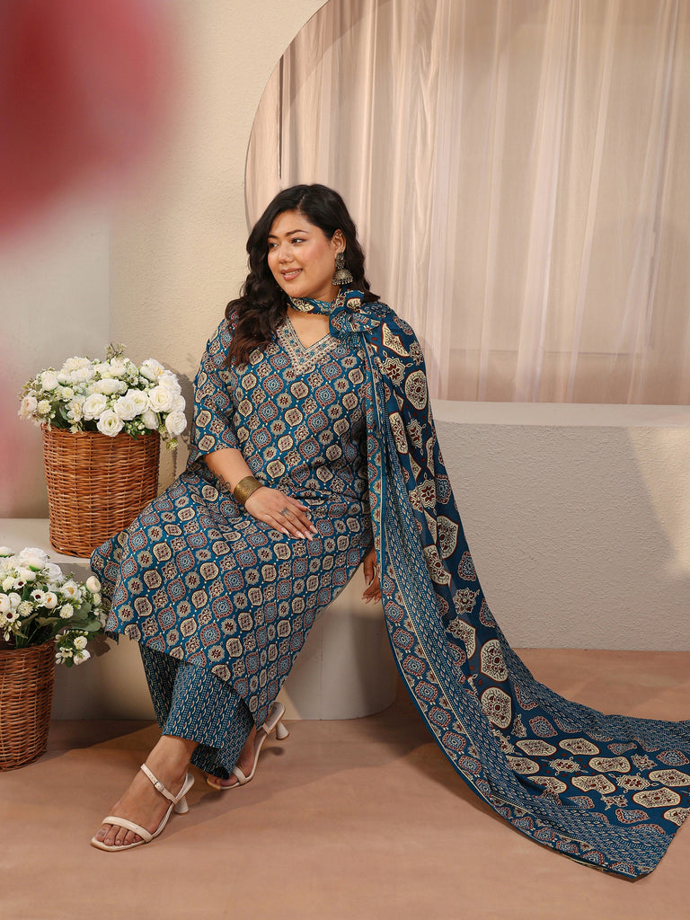 Plus Size Blue Ajrakh Print Cotton Blend Straight Suit Set