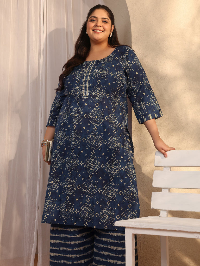 Plus Size Blue Bandhani Printed Cotton Straight Kurta Set