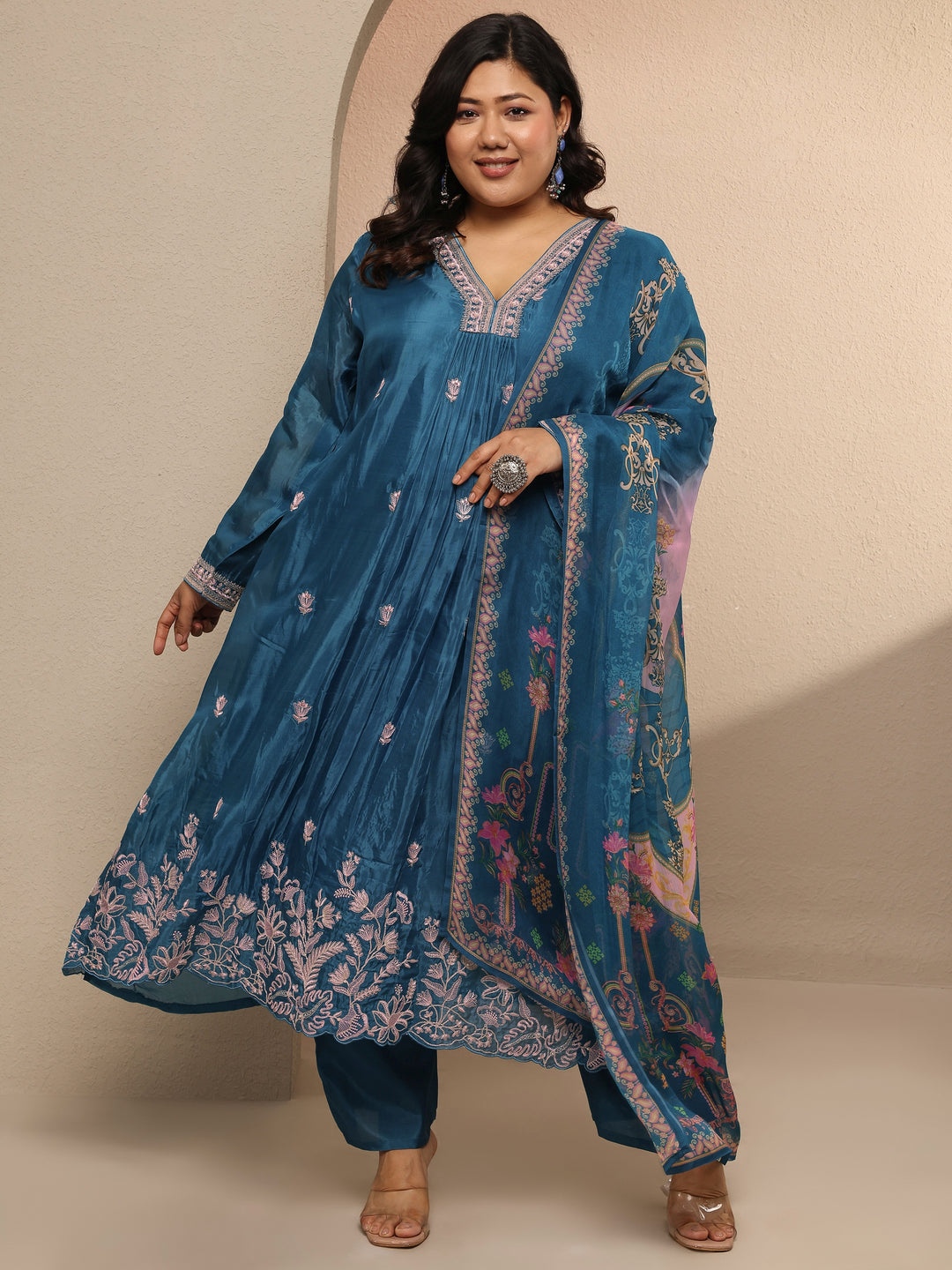  Plus Size Blue Embellished Crepe Suit Set With Dupatta 