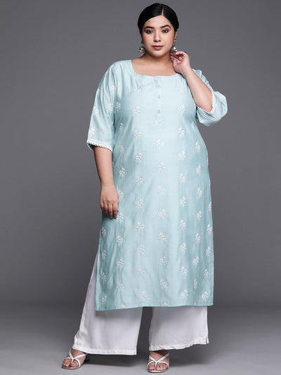 Plus Size Blue Embroidered Chanderi Silk Kurta - Libas