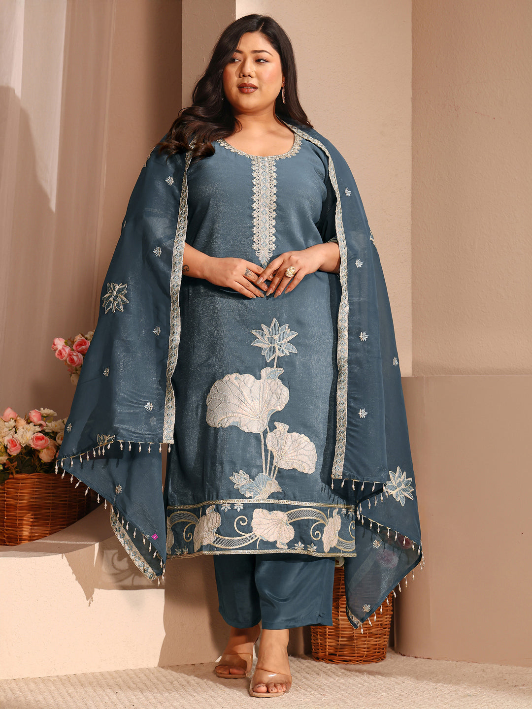 Plus Size Blue Embroidered Chinon Straight Suit Set With Dupatta