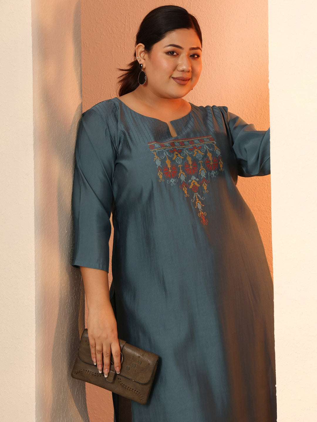  Plus Size Blue Embroidered Silk Blend Straight Kurta 