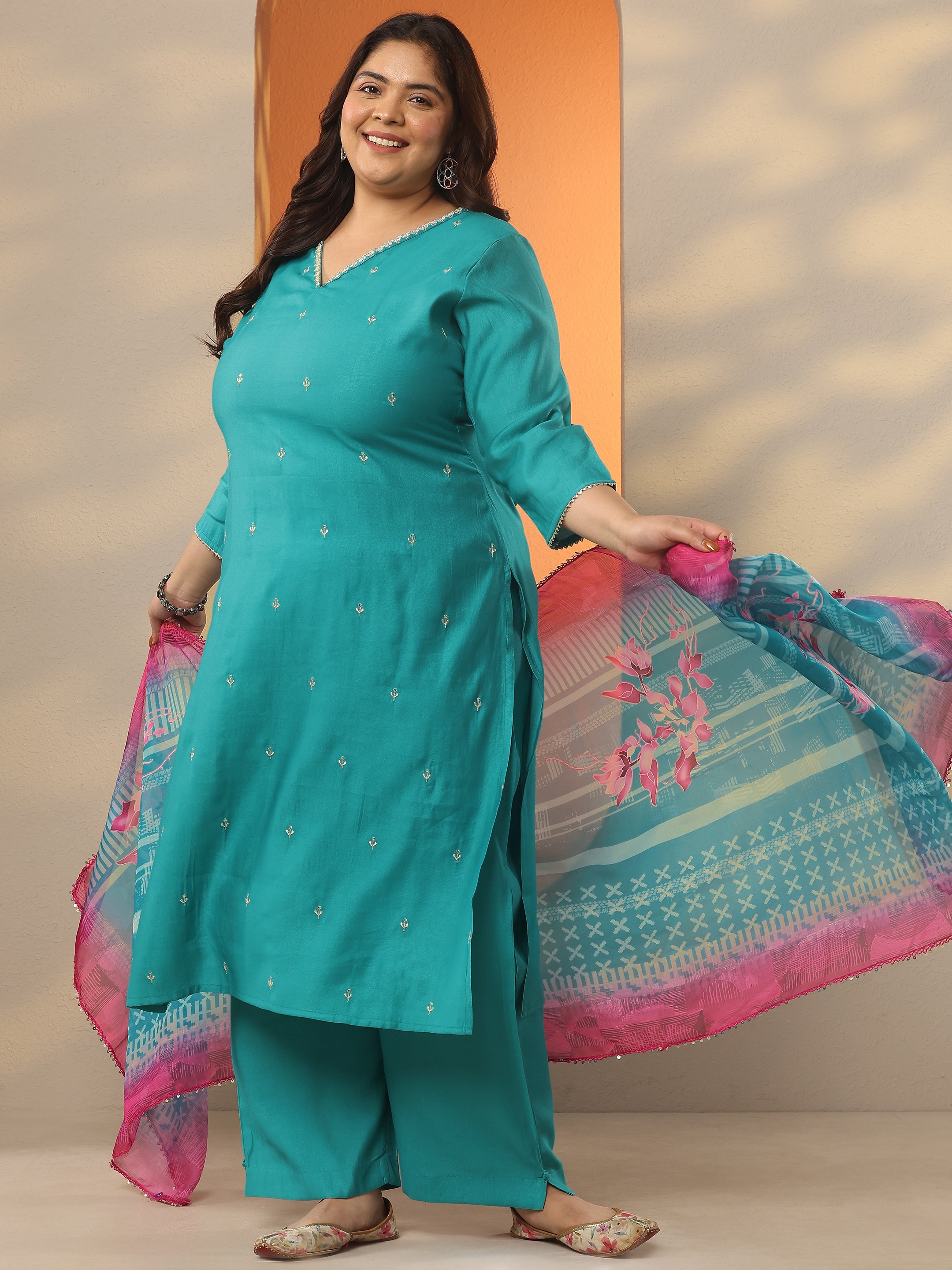 libas Plus Size Blue Embroidered Silk Blend Straight Suit Set With Dupatta-picture-14