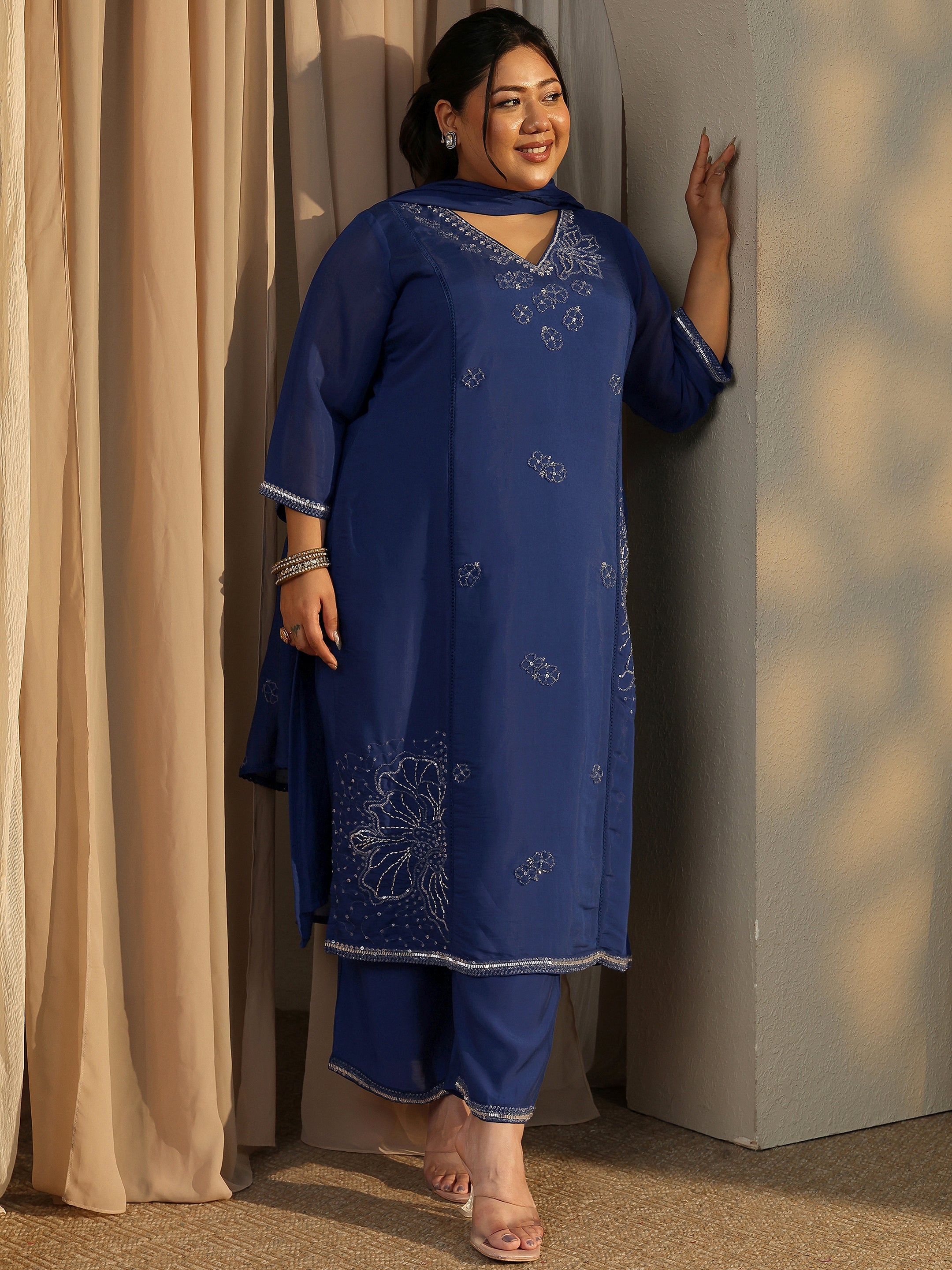 libas Plus Size Blue Embroidered Silk Blend Straight Suit Set With Dupatta-picture-39