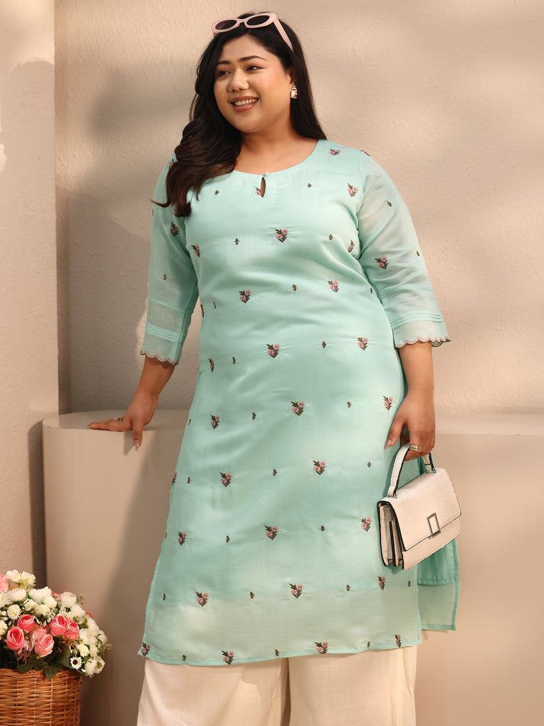 Plus Size Blue Floral Embroidered Chanderi Silk Straight Kurta