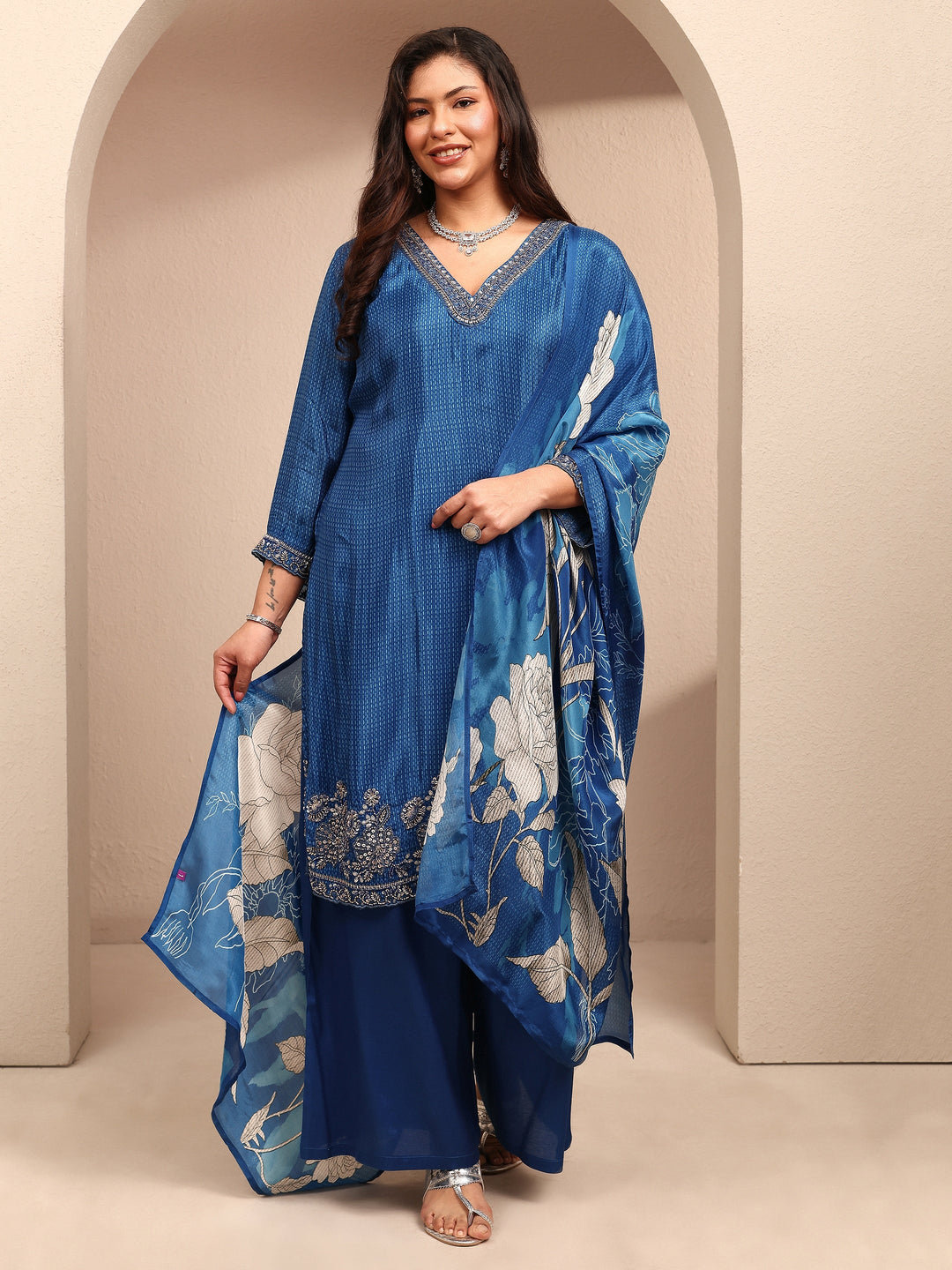 Plus Size Blue Floral Plus Size Clothing Crepe Straight Suit Set With Dupatta
