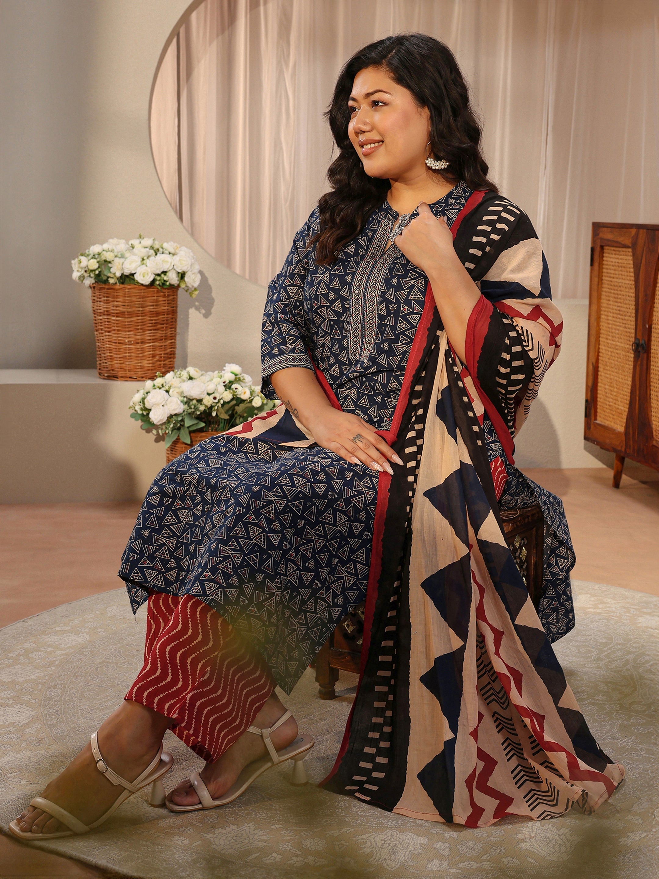 libas Plus Size Blue Geometric Print Cotton Straight Suit Set-picture-28