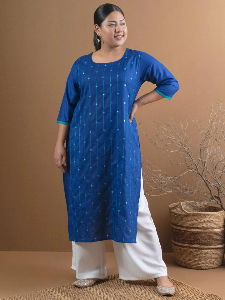 Plus Size Blue Mirror Work Cotton Kurta - Libas