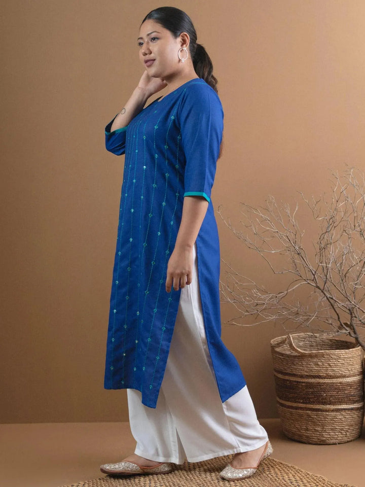 Plus Size Blue Mirror Work Cotton Kurta - Libas