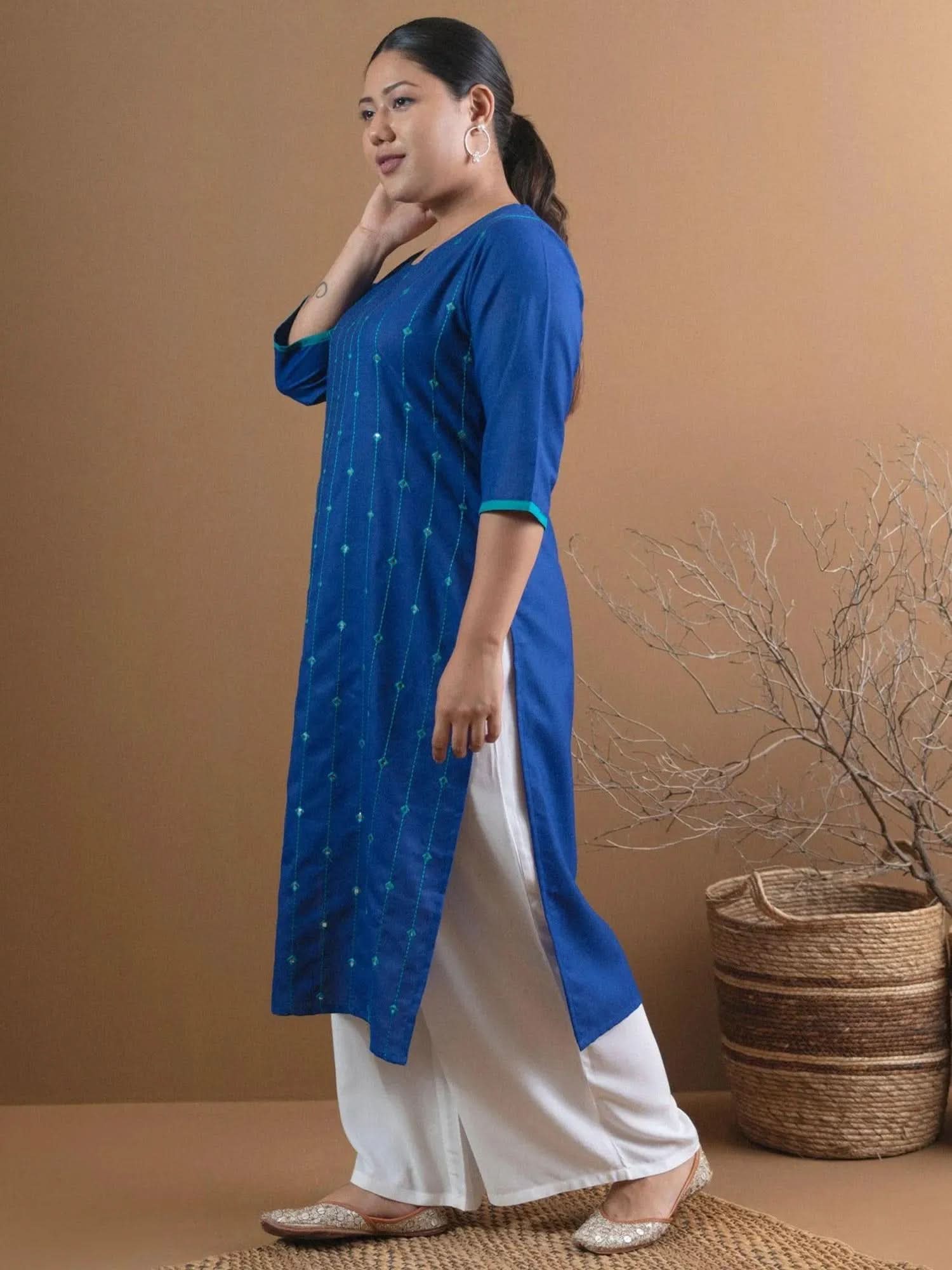 

Buy Plus Size Blue Mirror Work Cotton Kurta - 11022-3XL | Libas Ethnic Wear Online