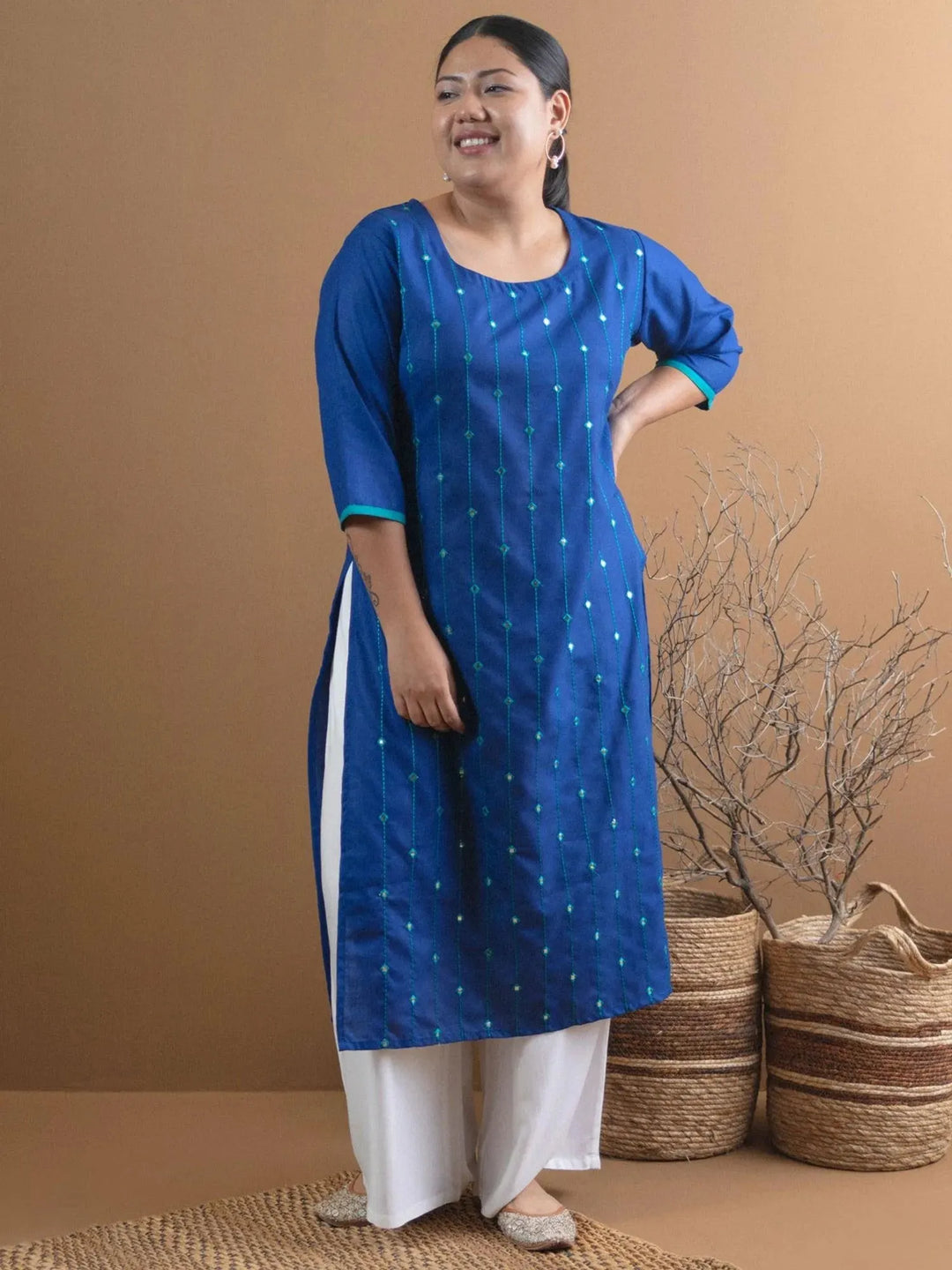 Plus Size Blue Mirror Work Cotton Kurta - Libas