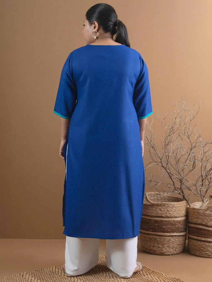 Plus Size Blue Mirror Work Cotton Kurta - Libas