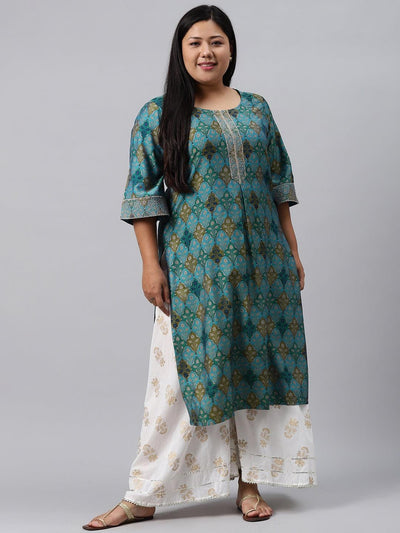 Plus Size Blue Printed Chanderi Silk Kurta - Libas