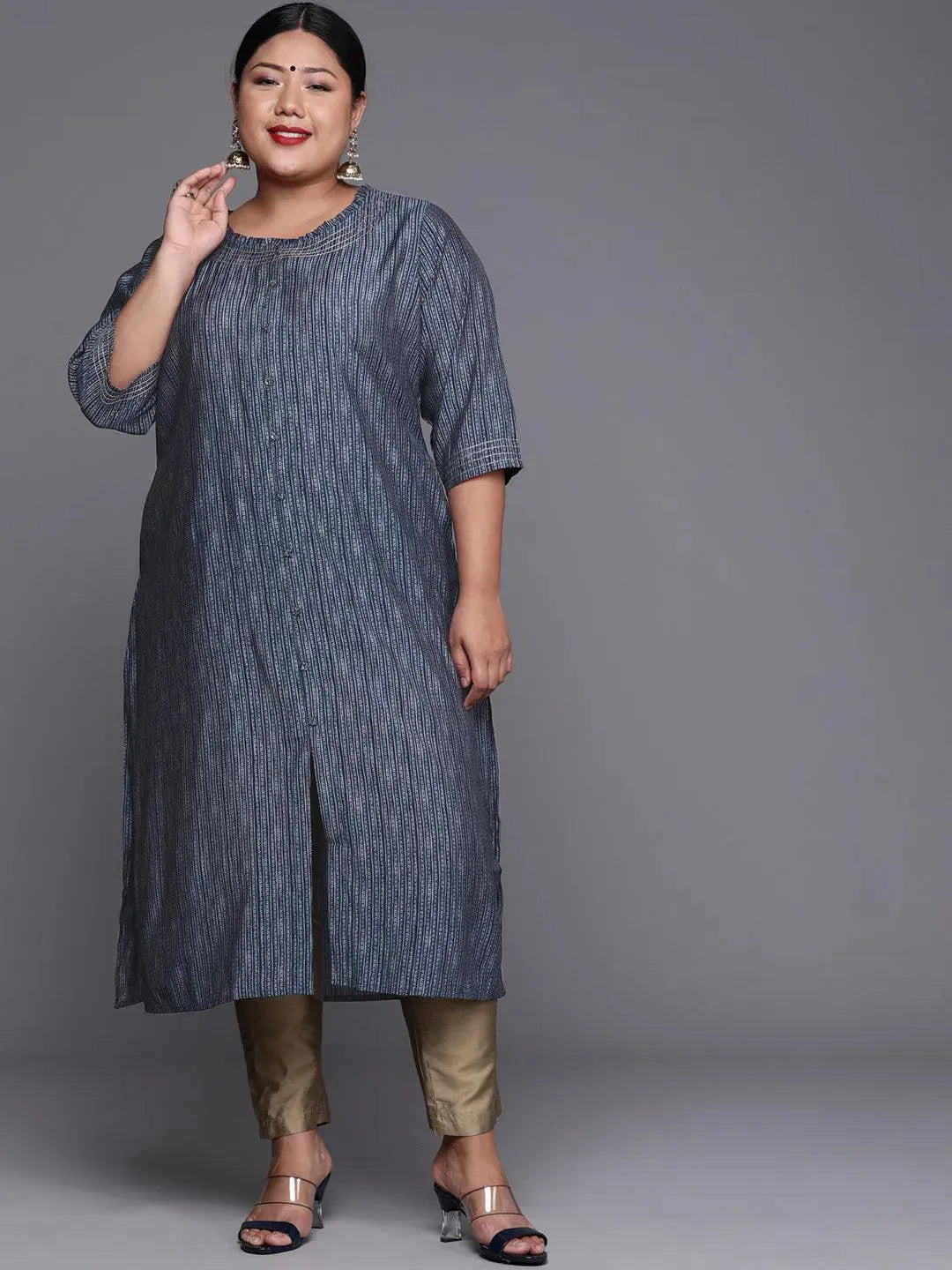 Plus Size Blue Printed Chanderi Silk Kurta - Libas 