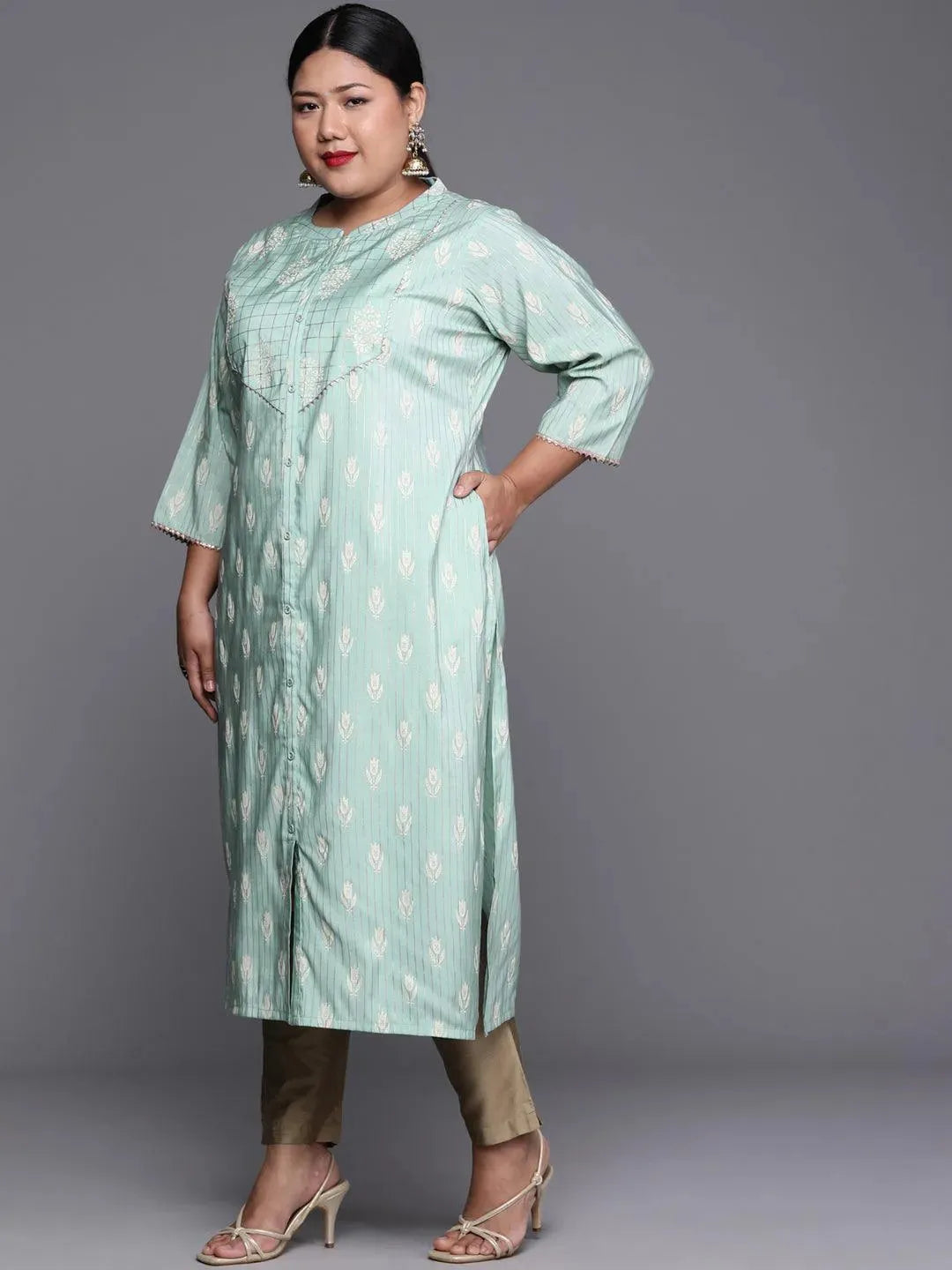 Plus Size Blue Printed Chanderi Silk Kurta - Libas 