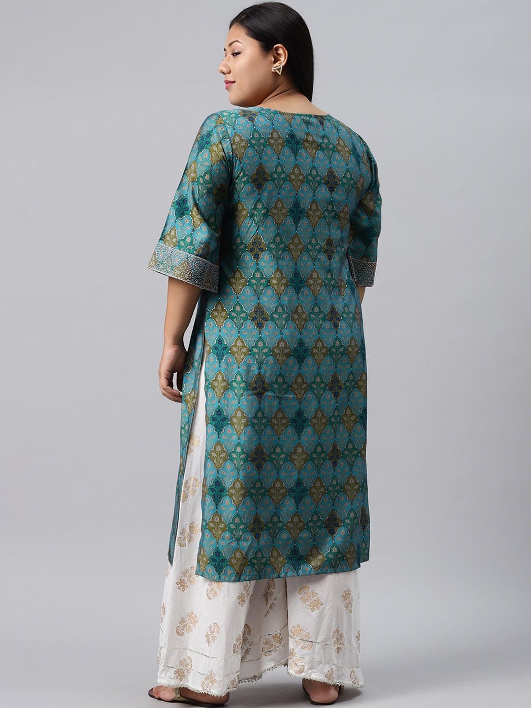 Plus Size Blue Printed Chanderi Silk Kurta
