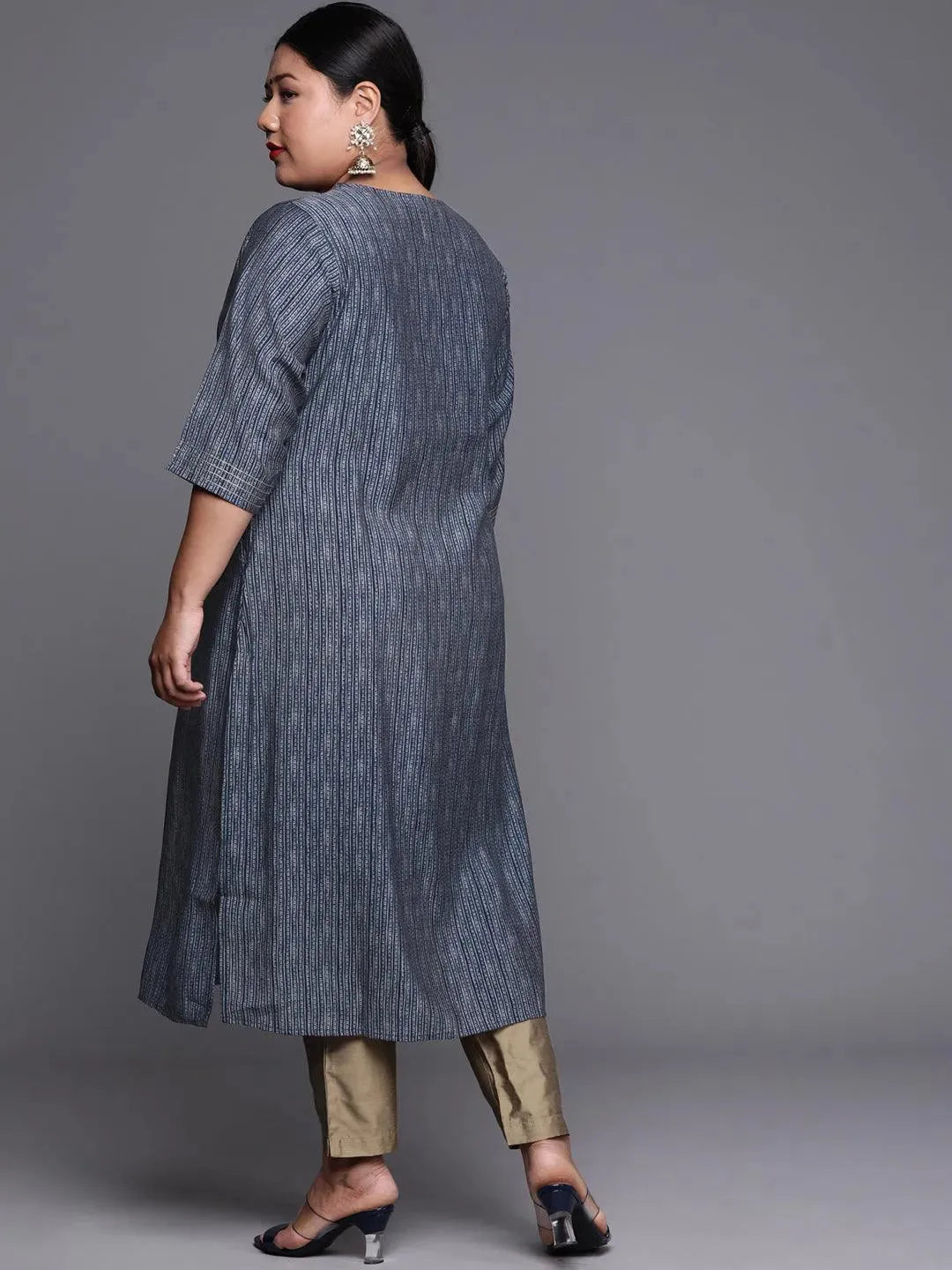 Plus Size Blue Printed Chanderi Silk Kurta - Libas 