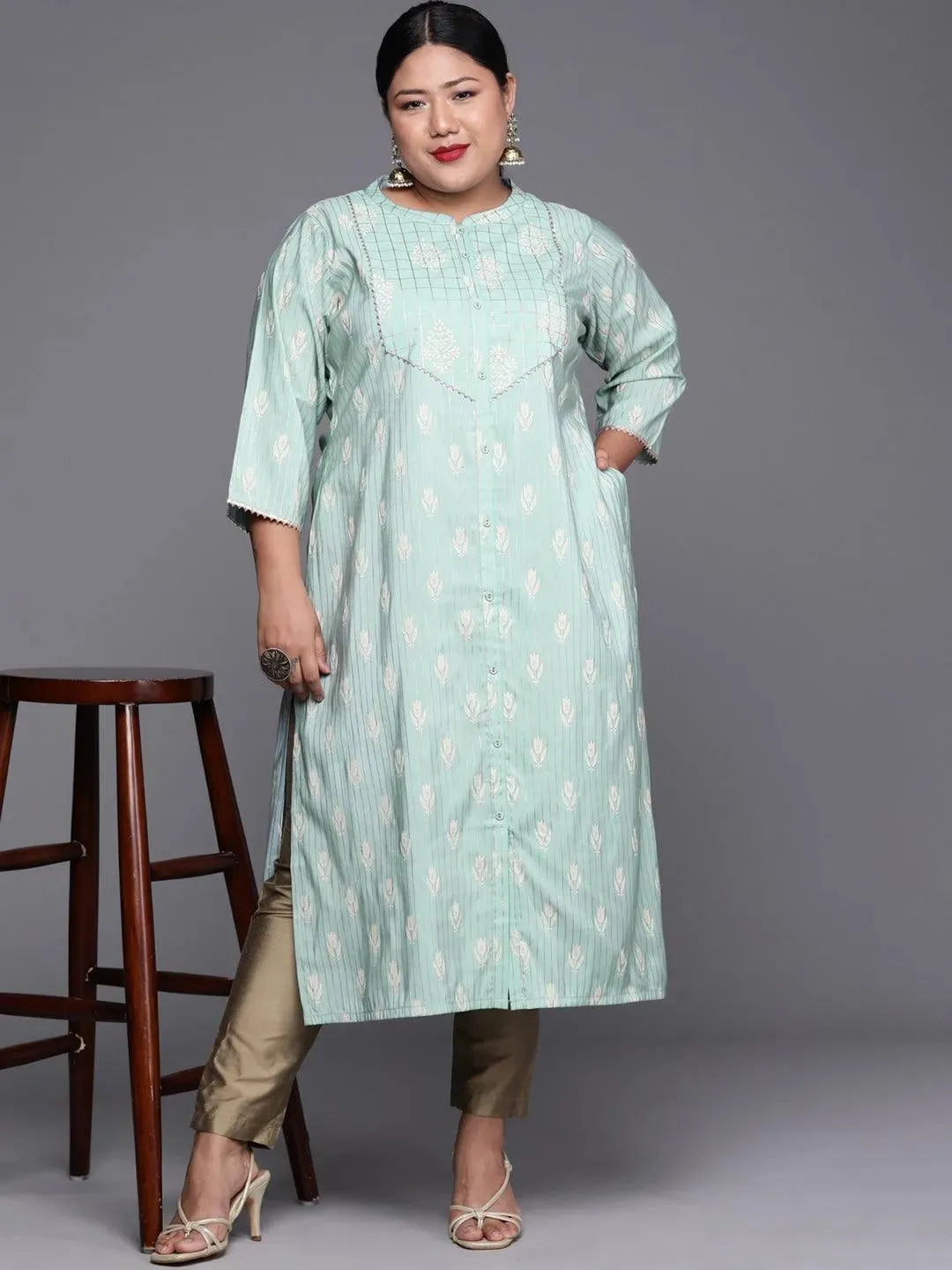 Plus Size Blue Printed Chanderi Silk Kurta - Libas