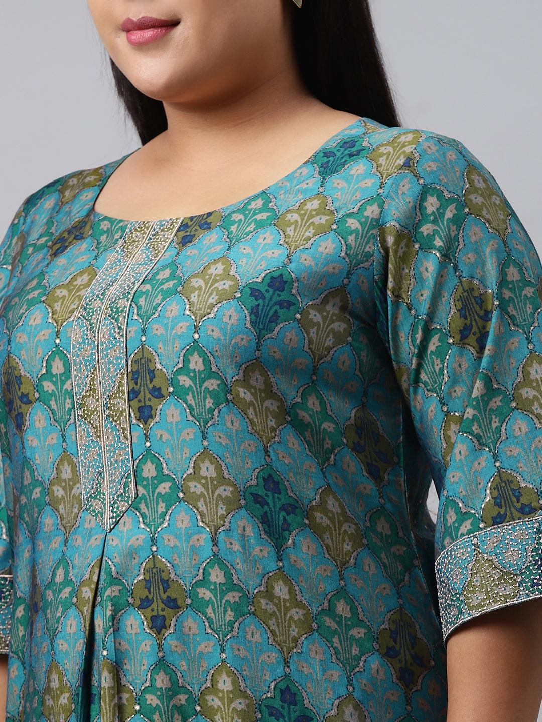 Plus Size Blue Printed Chanderi Silk Kurta