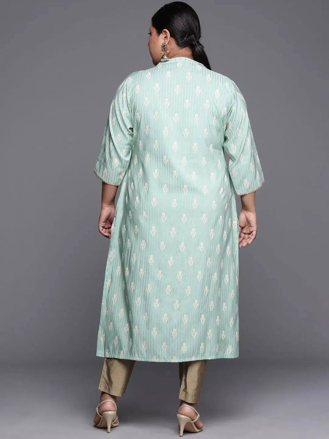 Plus Size Blue Printed Chanderi Silk Kurta - Libas