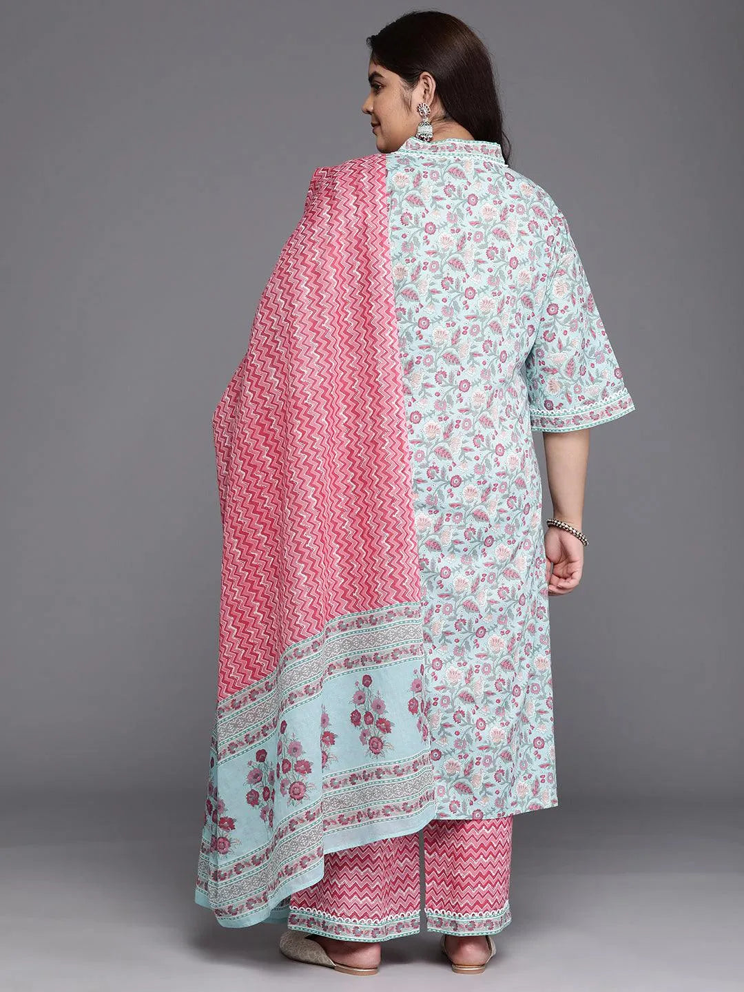 Plus Size Blue Printed Cotton A-Line Suit Set - Libas 