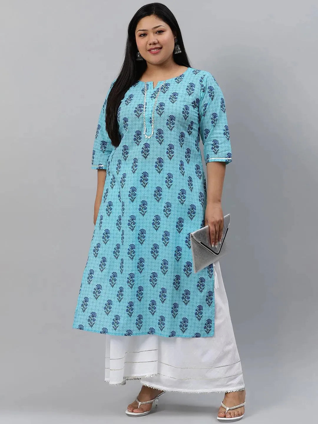 Plus Size Blue Printed Cotton Kurta - Libas