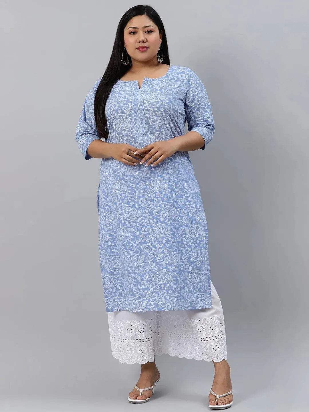 Plus Size Blue Printed Cotton Kurta - Libas