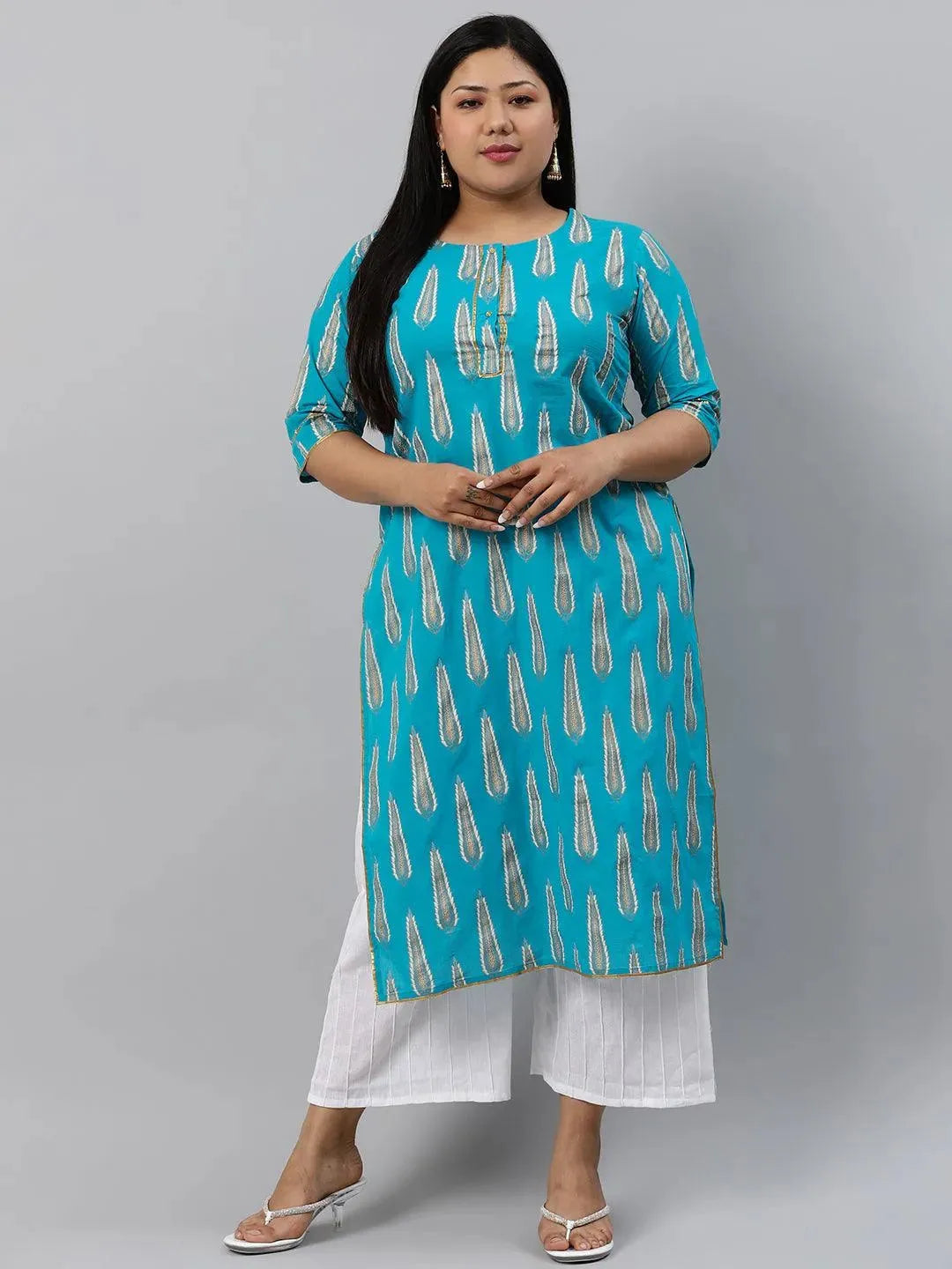 Plus Size Blue Printed Cotton Kurta - Libas