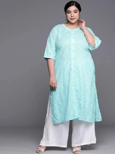 Plus Size Blue Printed Cotton Kurta - Libas