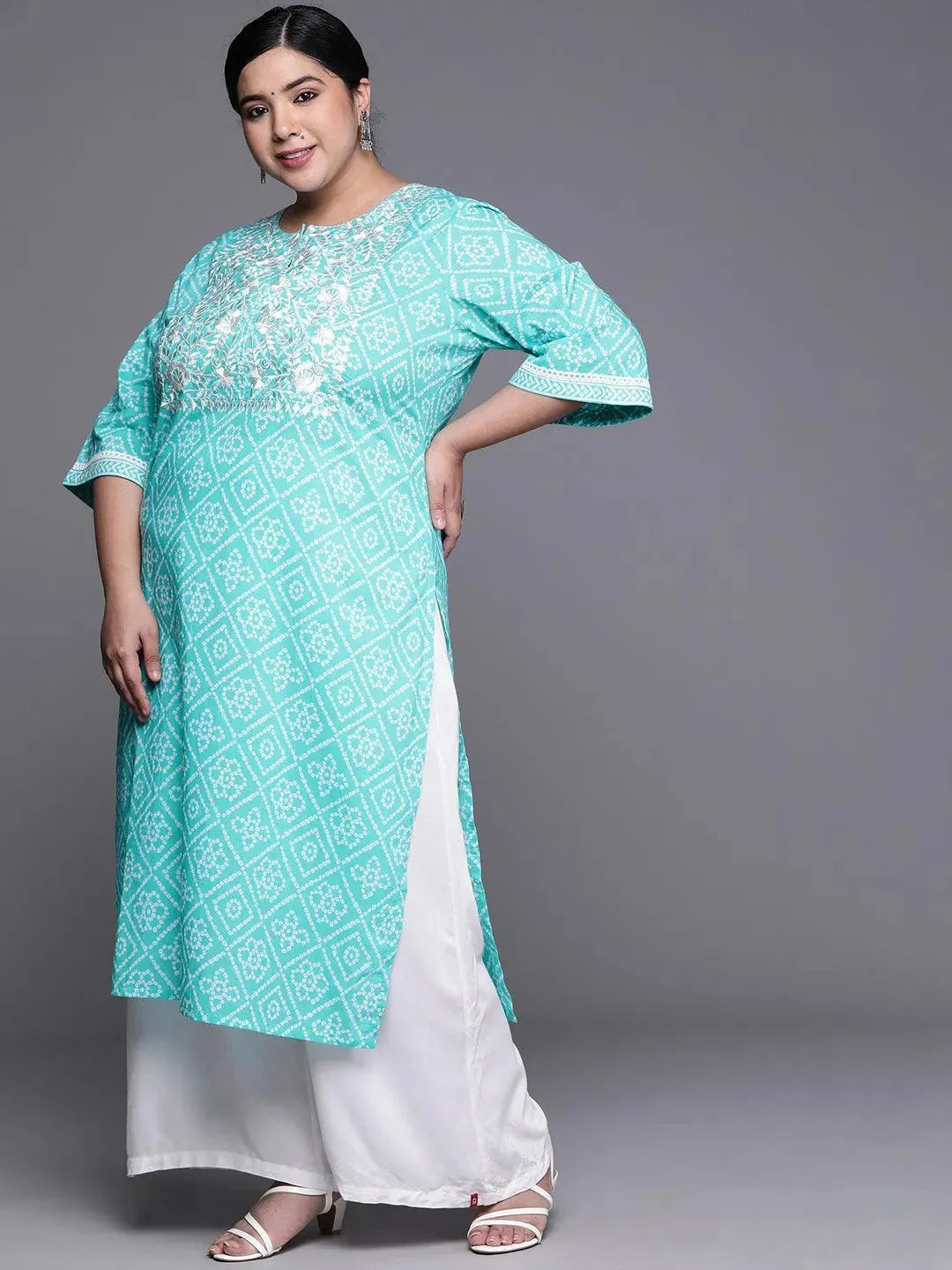 Plus Size Blue Yoke Design Cotton Kurta - Libas